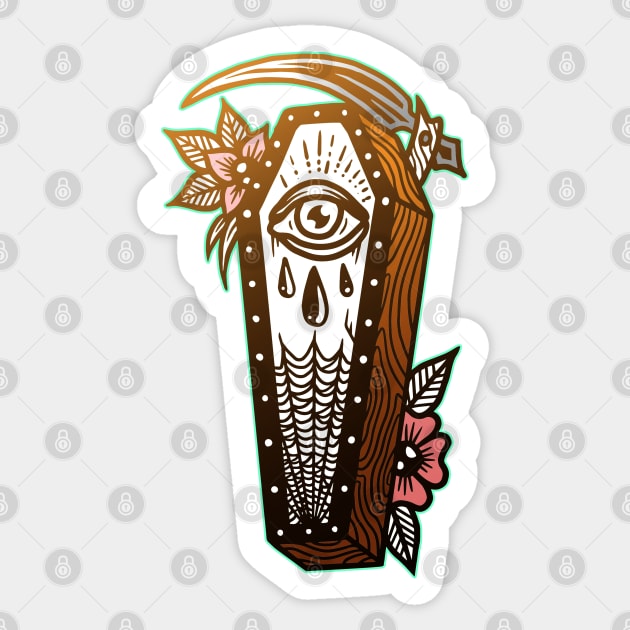 Coffin Scythe Grim Reaper Vintage Tattoo Flash American Traditional Sticker by MerchFrontier